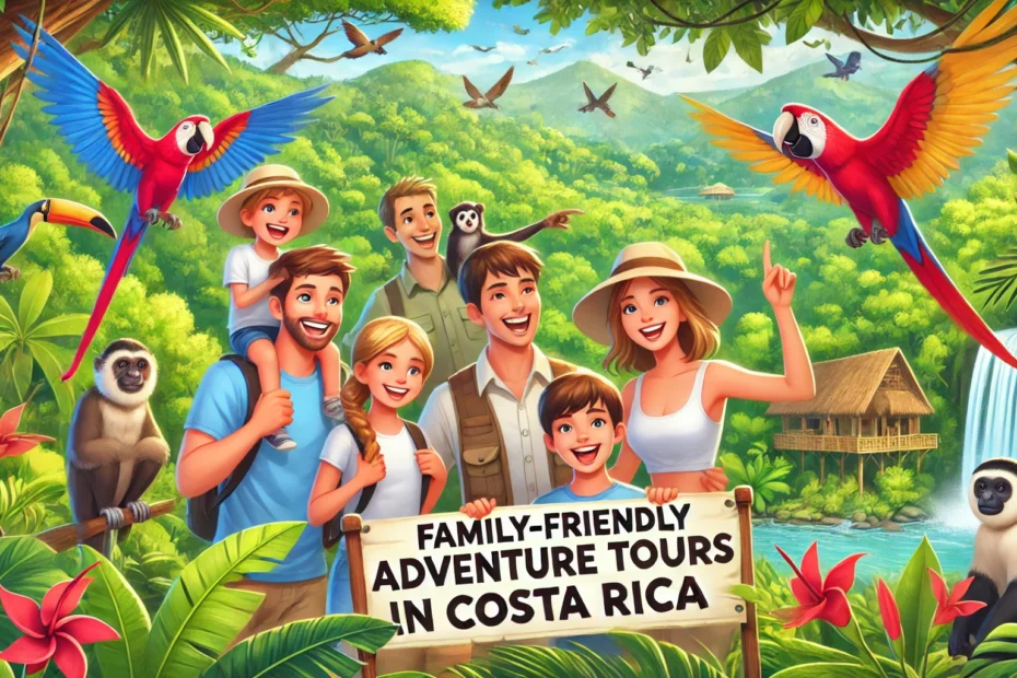 A cheerful family with kids enjoying an adventure tour in Costa Rica, surrounded by lush green rainforest, tropical birds, monkeys in the background, smiling tour guide leading the way. Bright, sunny weather, vibrant jungle scenery, eco-tourism vibe, safe and fun atmosphere. should be in 16:9 ratio. also wtite teh text on image in bigger bold font, in teh cienter of teh image " Family-Friendly Adventure Tours in Costa Rica".