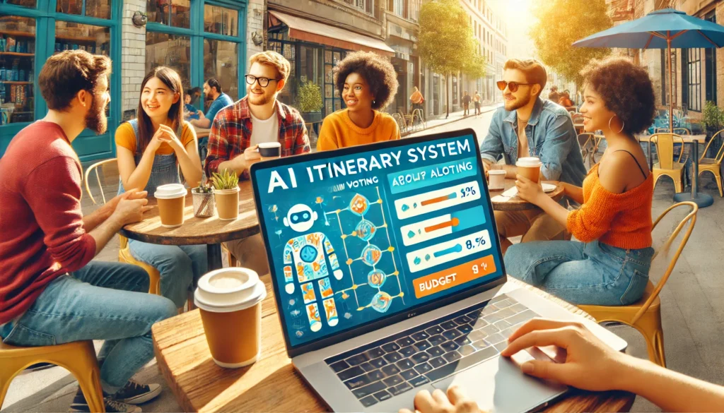 Group of friends using group travel AI planner Traveler with AI itinerary app open
