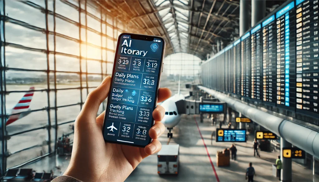 Traveler with AI itinerary app open Traveler with AI itinerary app open